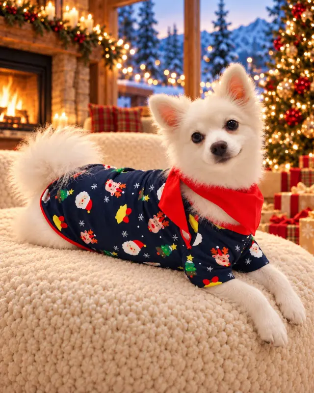 White dog lying on a cream pouf in the matching pet top with the Christmas print and a red neckerchief