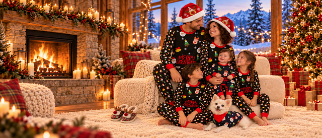 Family in matching black Merry Christmas pajamas on a cream sofa by the fireplace and the tree: Mom and Dad wear the reindeer Santa hat, the baby and two kids sit close, the white dog wears the matching top, and reindeer slippers wait on the rug
